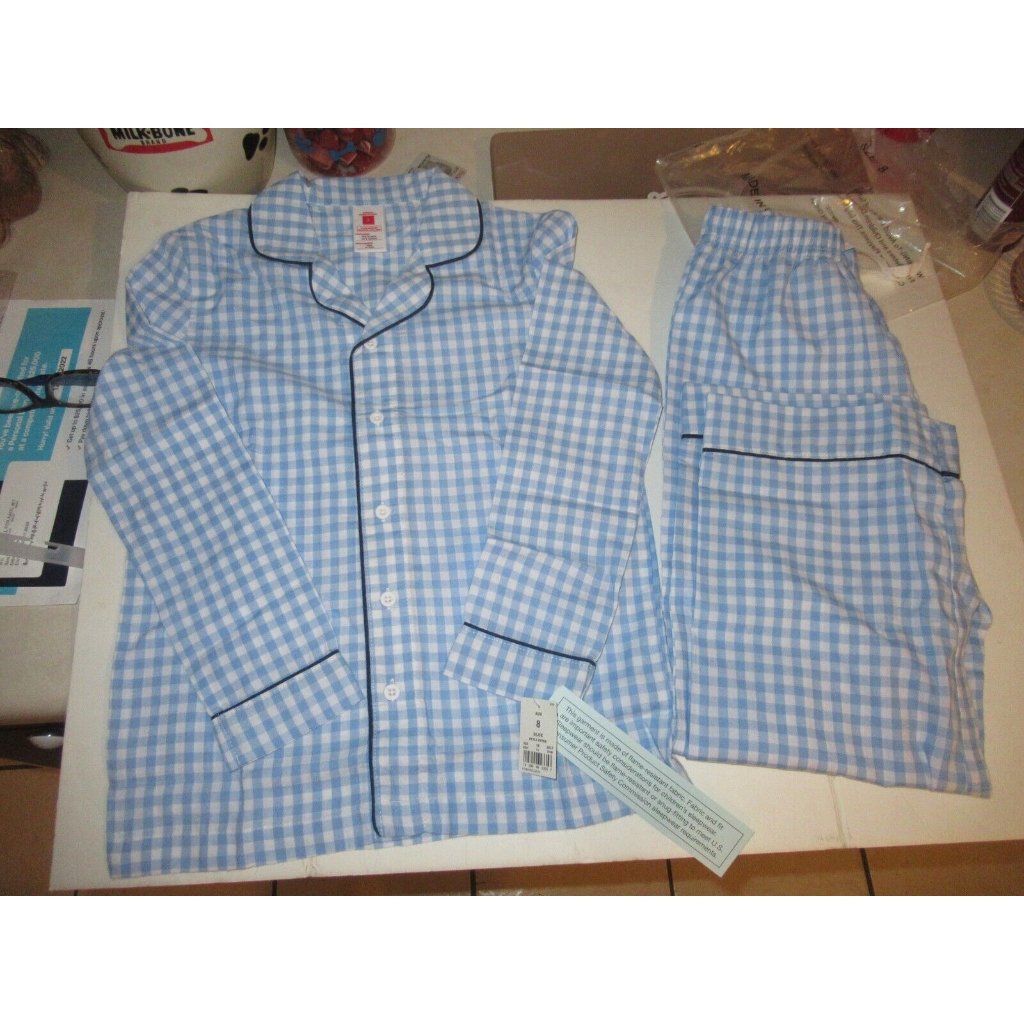Gingham Check Blue White Pajamas Button Up Shirt With Pants 2 Piece Sz 12